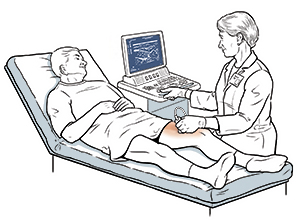 Man lying on exam table. Health care provider is holding ultrasound probe to man's leg.