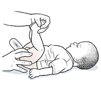 Hands using digital rectal thermometer to take baby's temperature.