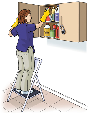 Woman on stepladder putting spray bottle into cabinet high on wall. Other bottles are in cabinet. Cabinet has lock on handle.