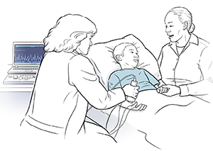 Child in hospital bed with woman sitting nearby. Healthcare provider is holding an EMG device against child's forearm.