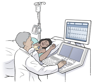 Woman lying on side on exam table with EKG leads on chest. Healthcare provider is holding ultrasound probe to woman's chest.